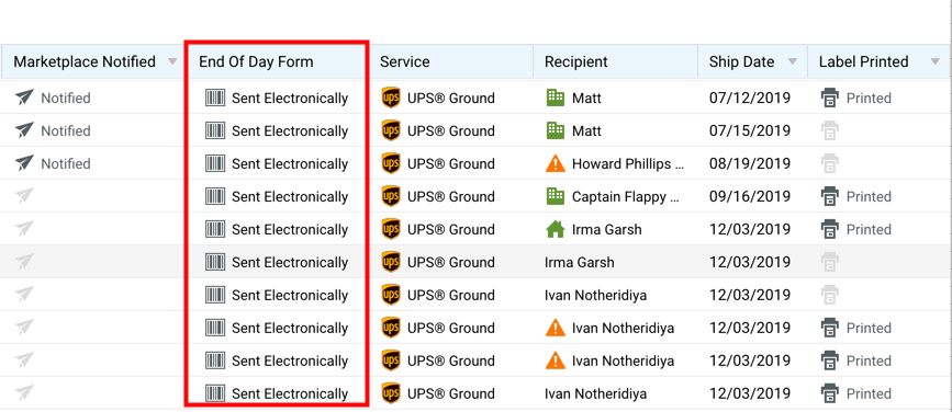Shipment grid with the End of Day Form column highlighted.