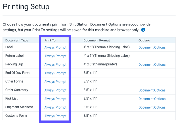 Printing Setup popup. Red box highlights option to Always Prompt under 'Print to' column.