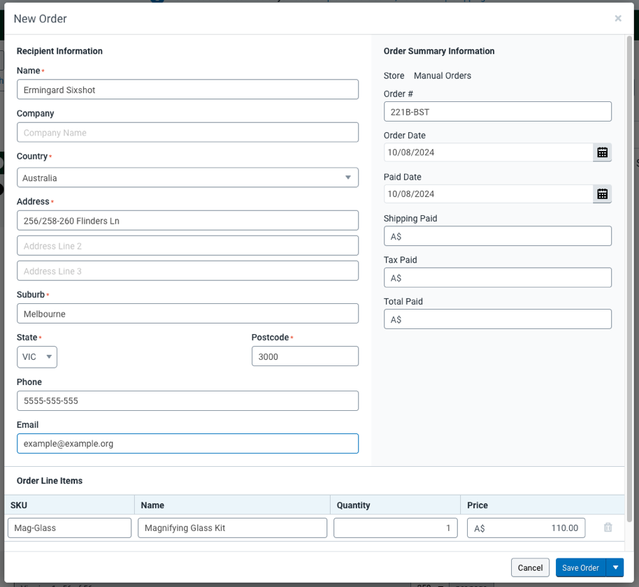 V3 New Order pop-up screen, with recipient, order, and item fields filled in.