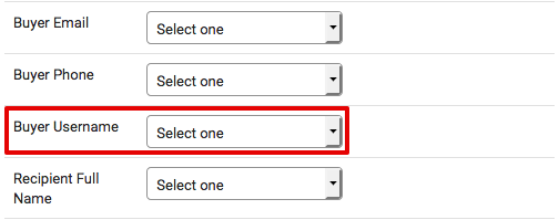 Close-up of CSV Import popup. Red box highlights Buyer Username and dropdown menu to map username.
