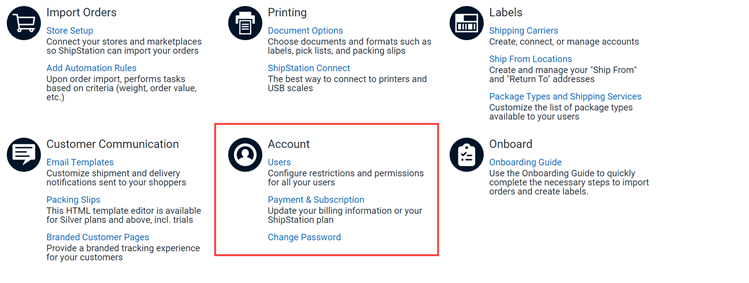 Settings homepage. Red box highlights Account options: Users, Subscription, & Change Password.
