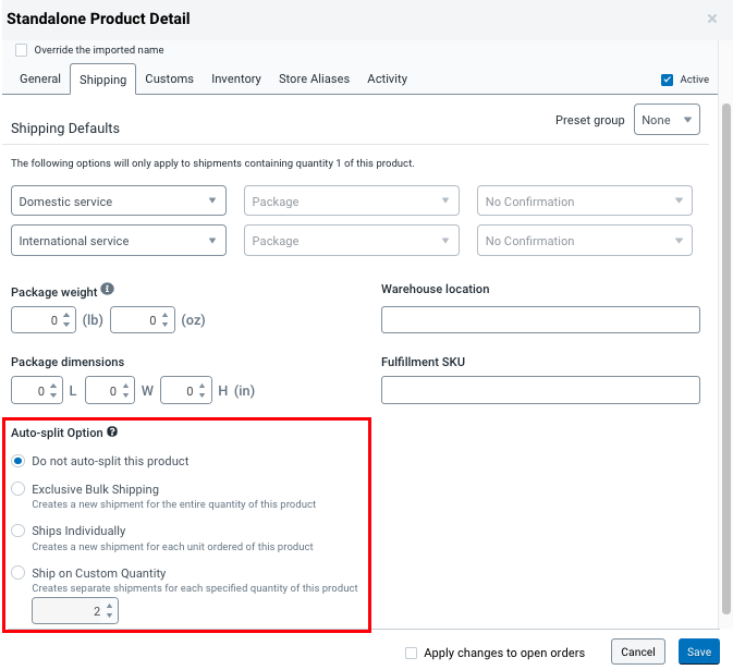 Product details screen is displayed on the shipping tab with the Auto-Split Options section highlighted.