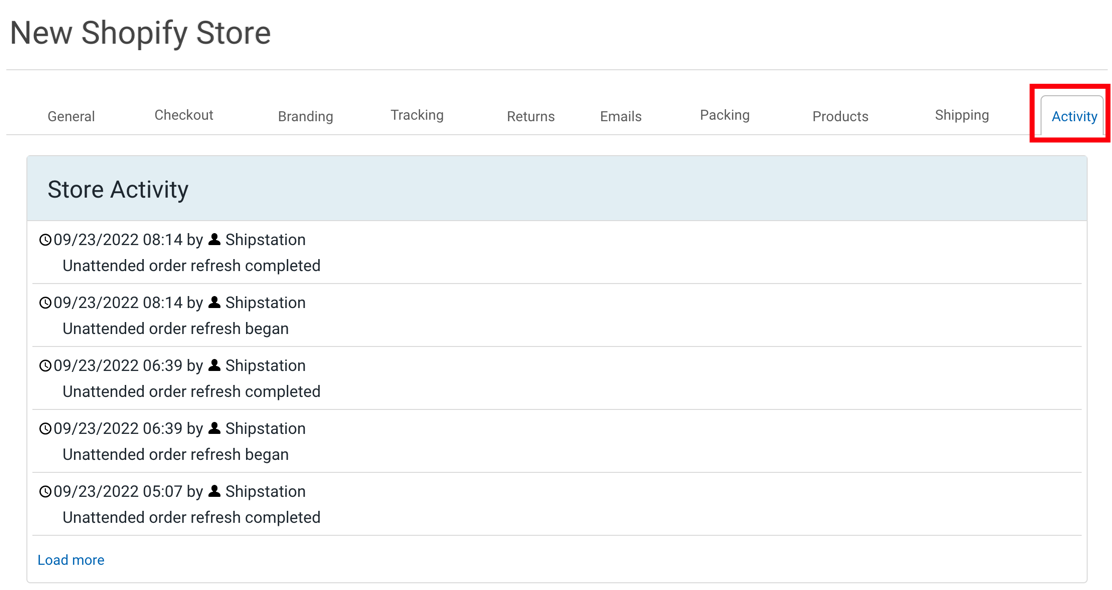 Store Setup page. Red box highlights Activity tab.