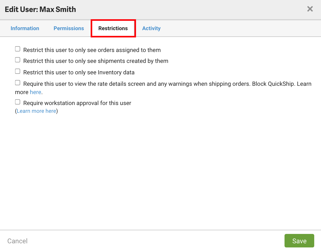 Edit user popup. Red box highlights Restrictions tab.