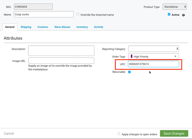 Product details general tab with UPC text box highlighted.