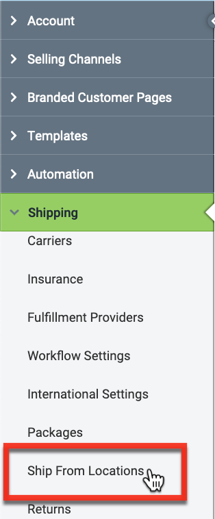 Settings sidebar with Shipping section open and Ship From Locations section highlighted.