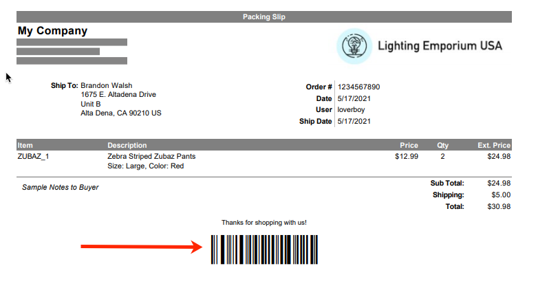 Example document using the ShipStation default packing slip template with Scan to View barcode. Red arrow points to barcode.