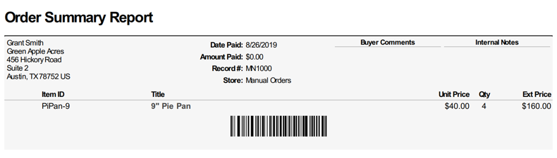 Sample of ShipStation Order Summary Report with closeup of barcode.