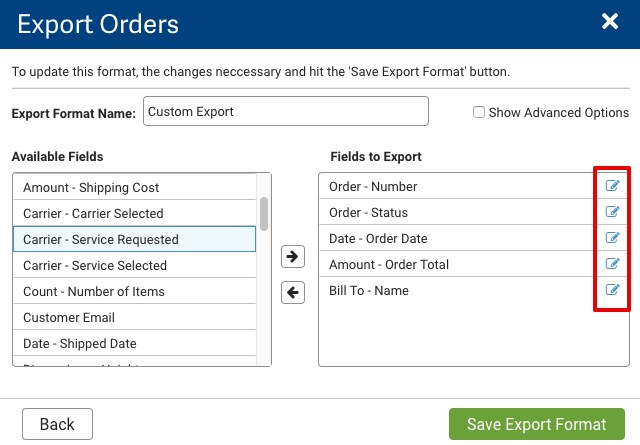 Pop-up-Fenster „Aufträge exportieren“. Der rote Kasten hebt die Bearbeitungsschaltflächen neben der Auswahl in der Spalte „Zu exportierende Felder“ hervor.