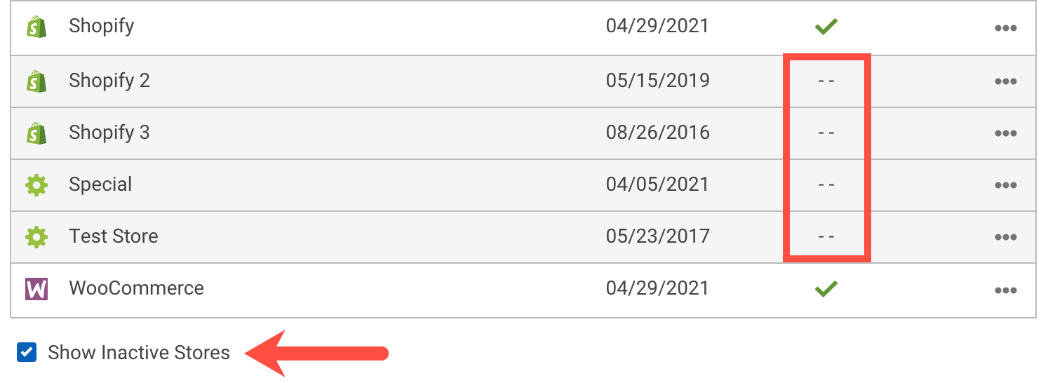 Die Seite „Shop-Einrichtung“ mit dem inaktiven Status eines Shops ist umrandet und zeigt das Symbol „Kein Status“ und einen Pfeil, der auf die Option „Inaktive Shops anzeigen“ zeigt.