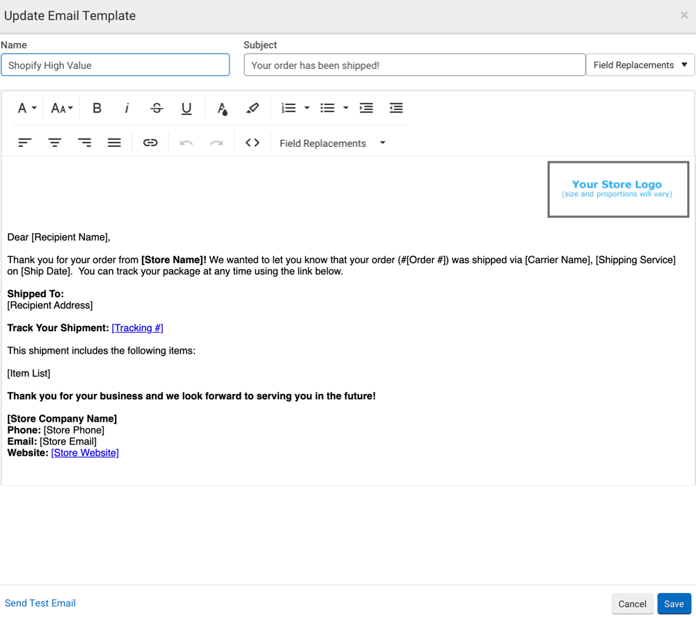 WYSIWYG-Editor für die neue E-Mail-Vorlage.