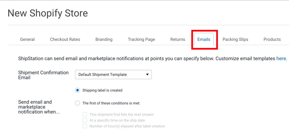 Einstellungen > Shop-Einrichtung > Kasten hebt Registerkarte „E-Mails“ hervor