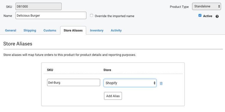 Produktdetails Registerkarte Shop-Aliasnamen.