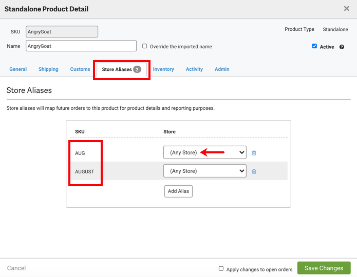 Eigenständiges Pop-up für Produktdetails. Das 1. Feld hebt die Registerkarte Shop-Aliasnamen hervor, das 2. Feld die Produkt-Aliasnamen. Der Pfeil zeigt auf den Standardnamen: (Alle Shops)