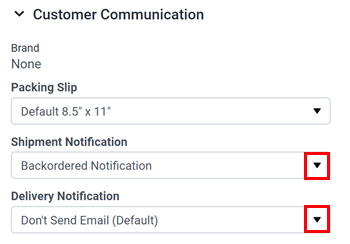 Se muestran los menús desplegables de selección para las opciones de notificación de envío y notificación de entrega.