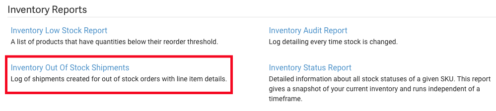 Informes de inventario con la opción Envíos de inventario agotado resaltada.