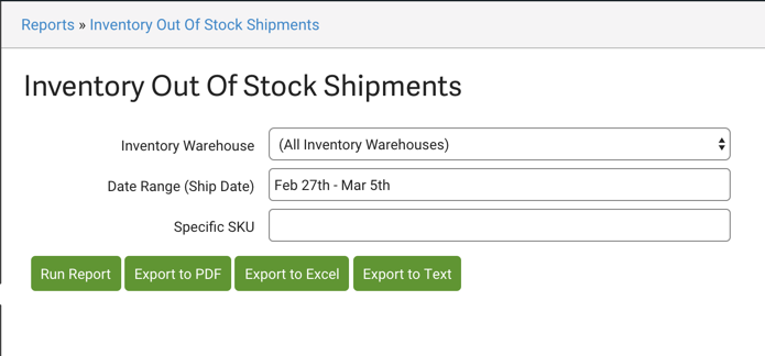 Menú de descarga del informe de envíos con inventario agotado.