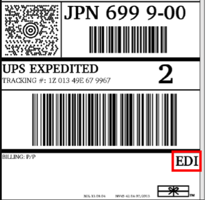 Muestra de etiqueta de UPS con la designación "EDI" resaltada por un cuadro rojo en la esquina inferior derecha.