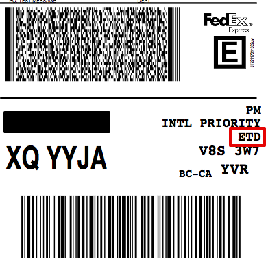 Etiqueta internacional de FedEx que resalta la designación "ETD" para documento comercial electrónico.