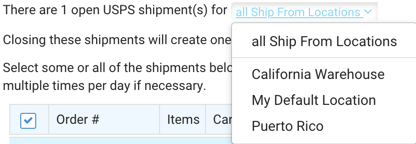 El menú de todas las ubicaciones de origen se despliega con las direcciones disponibles enumeradas.