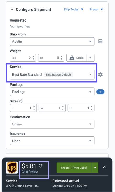 Las casillas resaltan el servicio predeterminado en el widget de configuración de envío y la tarifa de servicio.