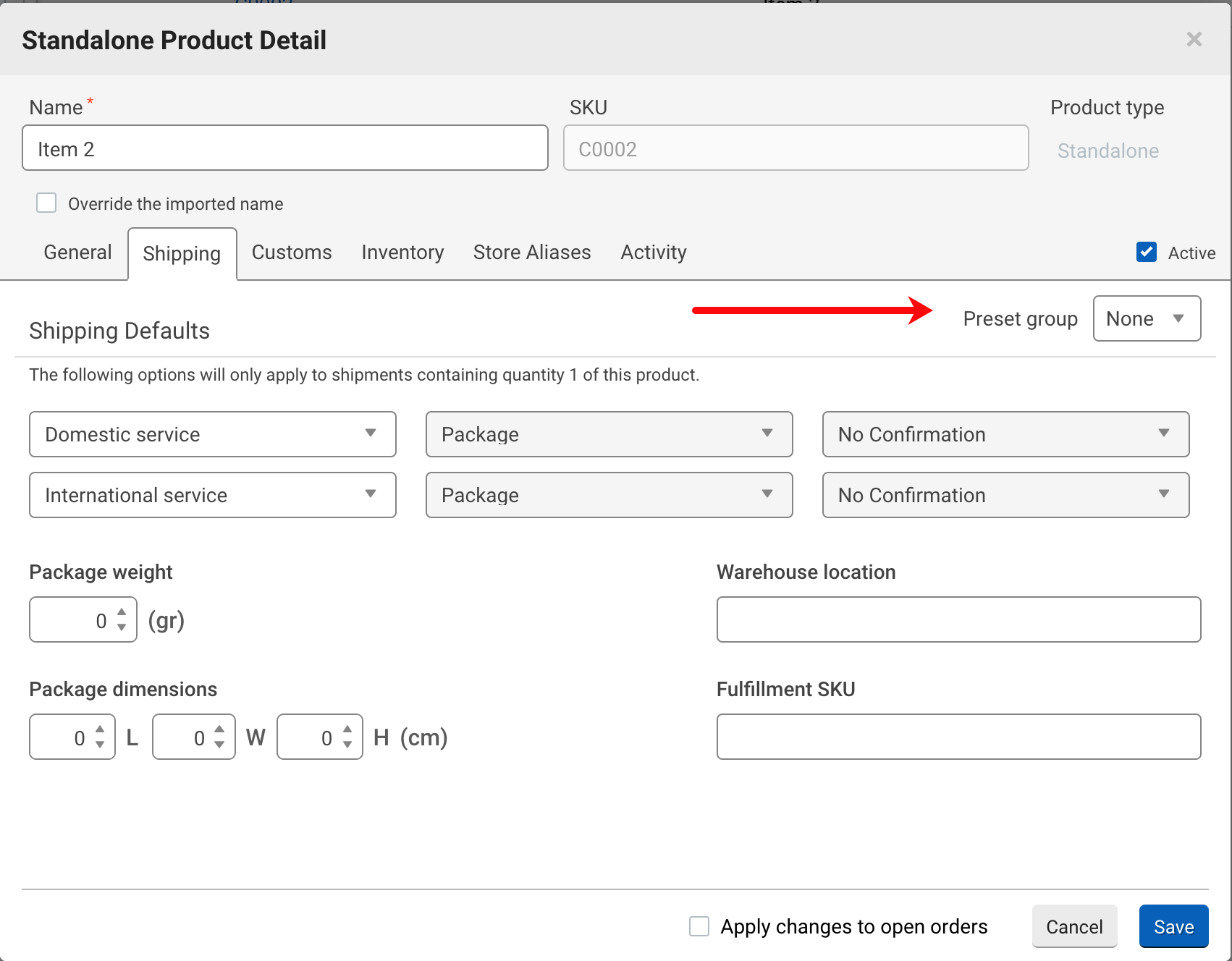 Registerkarte „Versandstandardeinstellungen“ mit Pfeil auf das Dropdown-Menü „Preset-Gruppe“.