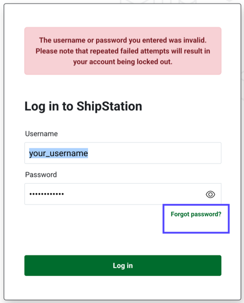Der Link „Ich habe mein Passwort vergessen“ ist auf dem ShipStation-Anmeldebildschirm hervorgehoben.
