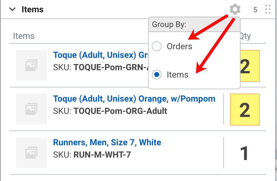 Le menu Regrouper par affiche les options Commandes et Articles
