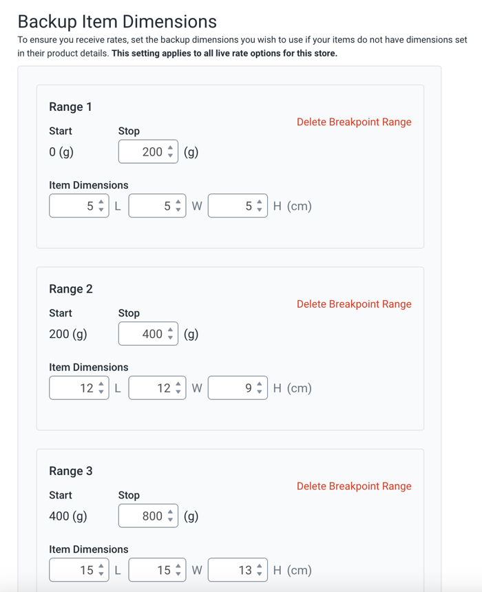 Configuración de las dimensiones del artículo de respaldo para Checkout Rates