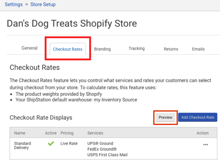 Configuración de Checkout Rates con el botón Vista previa resaltado