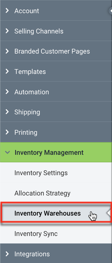 Seitenleiste „Einstellungen“. Dropdown-Menü „Bestandsverwaltung“: Das rote Kästchen hebt die Option „Bestandslager“ hervor.