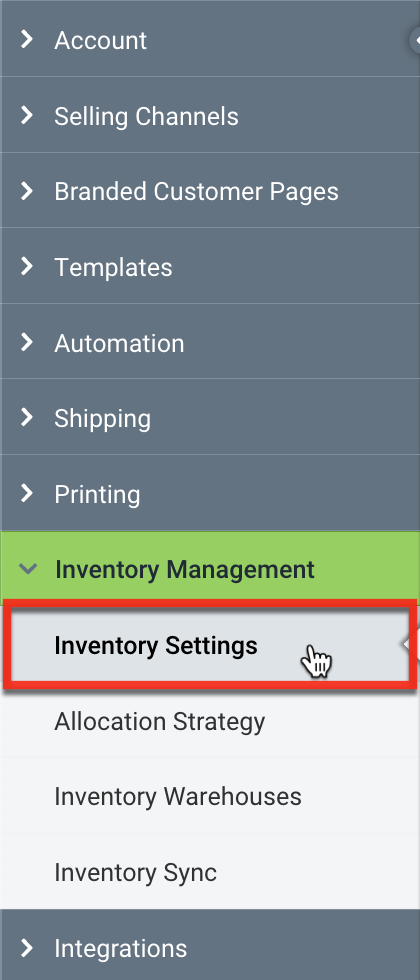 Seitenleiste „Einstellungen“. Dropdown-Menü „Bestandsverwaltung“: Das rote Feld hebt die Option „Bestandseinstellungen“ hervor.