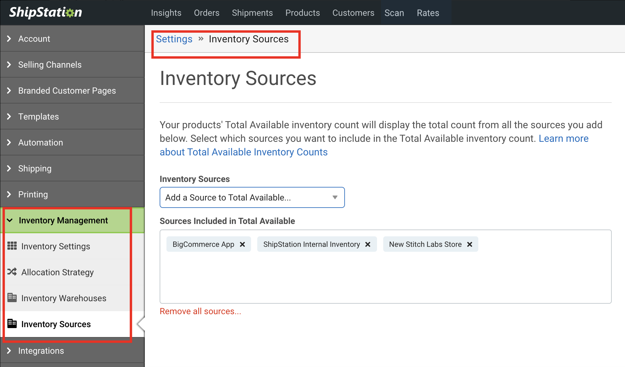 Página de configuración de fuentes de inventario con varias fuentes agregadas