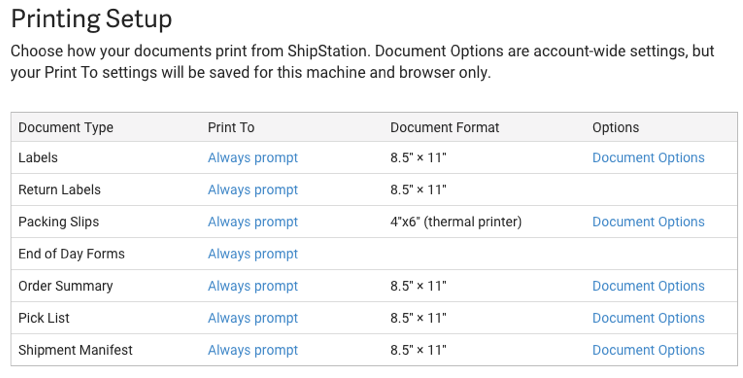 Configuración de la impresión, opciones de documentos para el tipo de documento, imprimir en, formato de documento y otras opciones del documento.