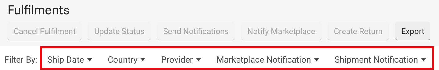 Imagen de la barra de filtros resaltada. Las opciones incluyen fecha de envío, país, proveedor, notificación de marketplace y notificación de envío.