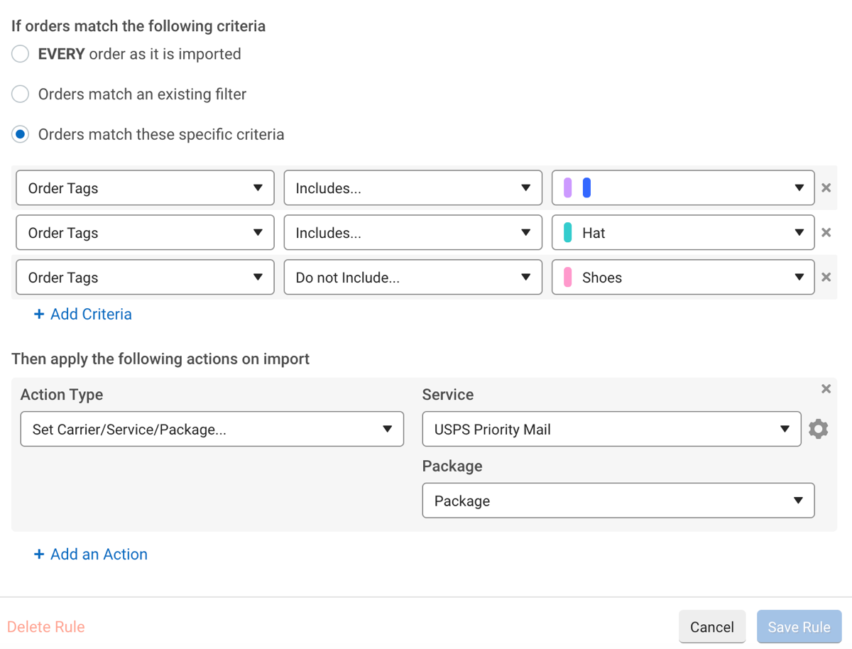Tres criterios de reglas diferentes y acción de Establecer empresa de transporte/servicio/paquete al paquete de USPS Priority Mail.