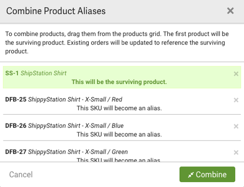 V3 Menú Combinar alias de productos.