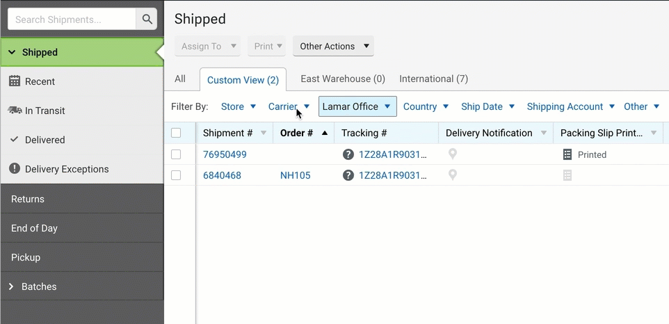 En la pestaña Envío V3, GIF ilustra la aplicación en los envíos del filtro de Empresas de transporte para UPS.