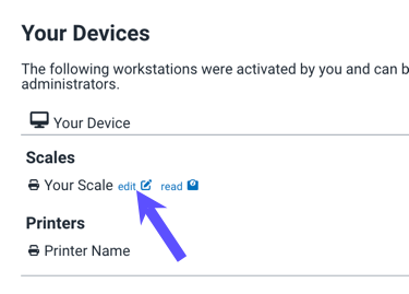 Editar el nombre del dispositivo: el recuadro rojo y el cursor manual indican el ícono de lápiz Editar para cambiar el nombre de las impresoras de la lista.