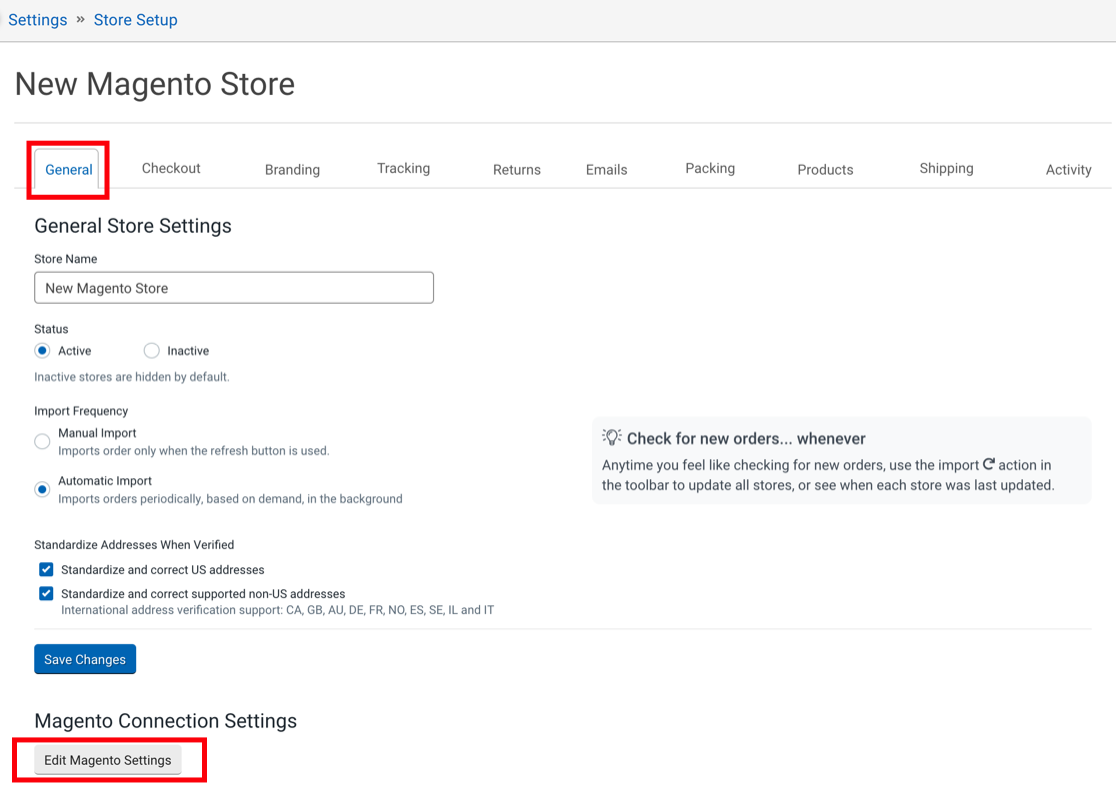 Einstellungen > Shop-Einrichtung > Registerkarte Allgemein. Box, welche die Schaltfläche Einstellungen bearbeiten {Your Store} hervorhebt.