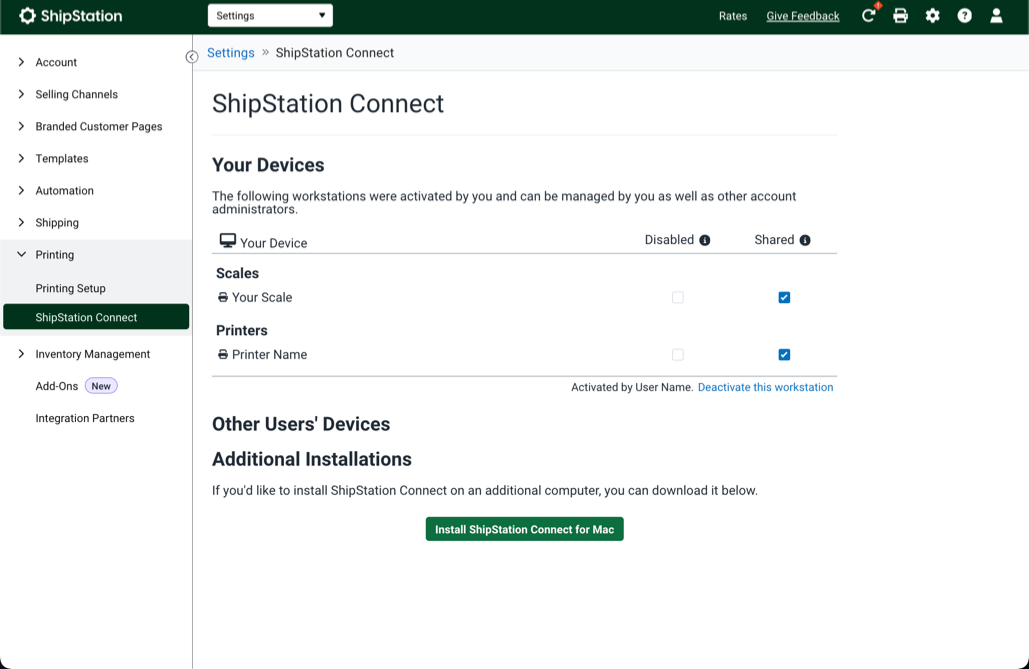Einstellungsseite für ShipStation Connect Zeigt verfügbare Drucker und Waagen an, bzw. ob diese deaktiviert oder freigegeben sind