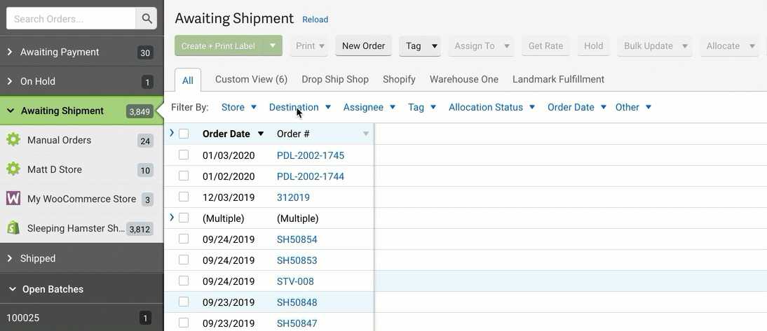 Cuadrícula de pedidos de ShipStation: selecciona el filtro de destino y elige Internacional. Guarda el filtro como vista personalizada.