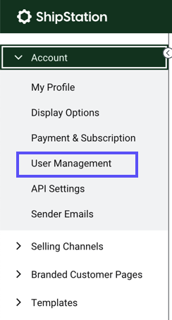 Paramètres du compte, navigation latérale. L'option de menu Gestion des utilisateurs est encadrée.