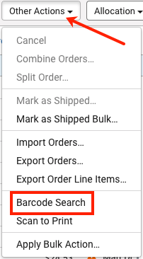 Der rote Pfeil zeigt auf das Dropdown-Menü Andere Aktionen. Das rote Kästchen markiert die Option „Barcode-Suche“.