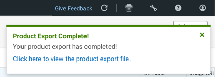 Pop-up-Benachrichtigung zum vollständigen Export des Produkts, mit dem Link zum Exportieren der Datei unten.