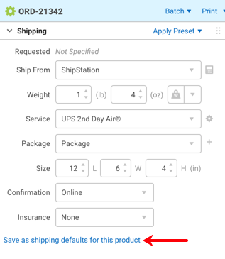 Widget "Sendungen konfigurieren" mit Pfeil, der auf "Als Standardversand für diesen Produktlink speichern" zeigt