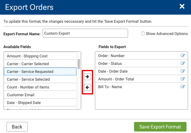 El cuadro rojo resalta las flechas hacia la izquierda y hacia la derecha para mover las selecciones entre Campos disponibles y Campos para exportar listados.
