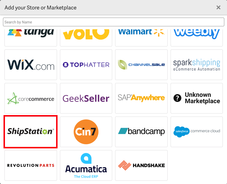 Version V3 : pop-up d'ajout d'une boutique ou d'une plateforme marchande. La vignette ShipStation est encadrée en rouge.