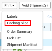 Dropdown-Menü „Drucken“. Das rote Kästchen hebt die Option „Lieferschein“ hervor