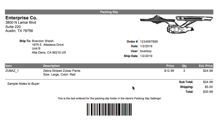 Beispieldokument mit ShipStation-Standardlieferscheinvorlage.